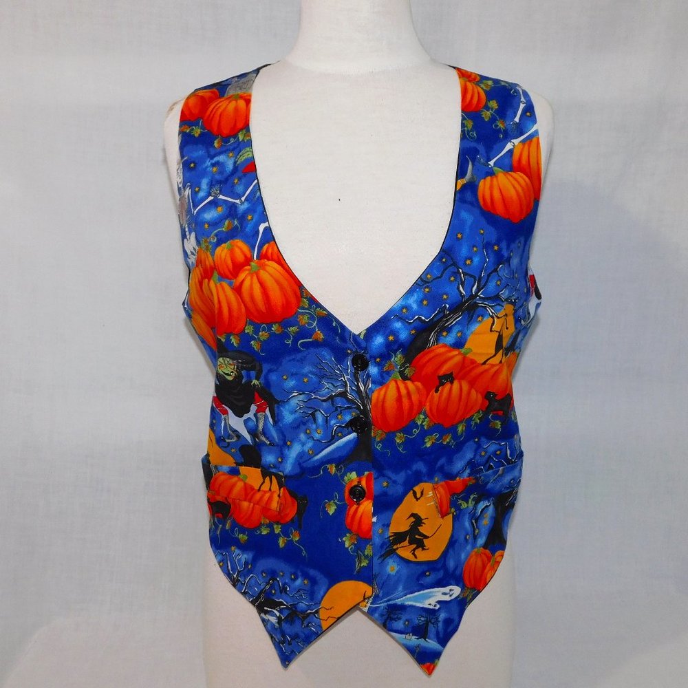 On Tour Womens M Halloween Vest Pumpkins Witches Black Cat Skeleton Blue Orange